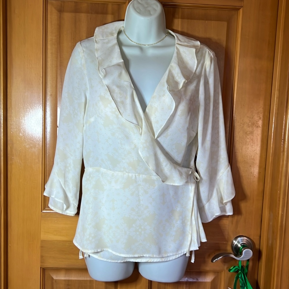 Beautiful Wrap blouse, Ruffled at collar and 3/4 sleeves! Sheer.